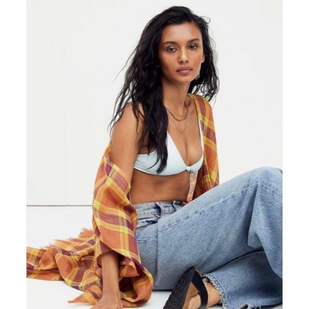 Free People Blossom Plaid Linen Kimono (OS)